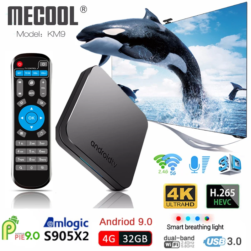 Mecool KM9 Android 9,0 Smart ТВ коробка S905X2 4 Гб DDR4 Оперативная память 32 ГБ Встроенная память 2,4 г/5G WiFi BT 4,1 USB 3,0 Top Box 4 K H.265 Media Player