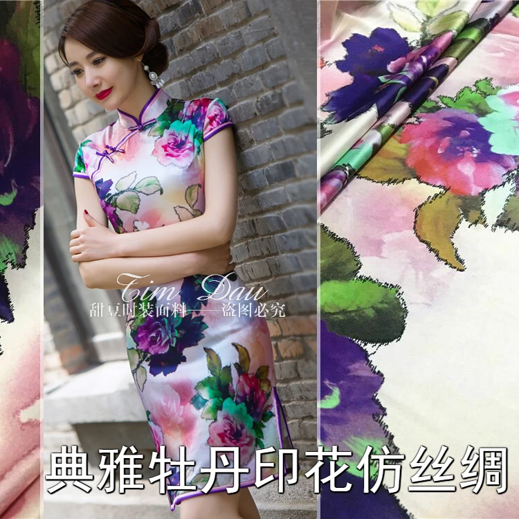 

150 cm heavy stretch fabric high imitation silk cheongsam fabric peony digital print dress kimono fabric wholesale cloth