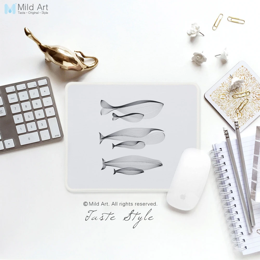 

Modern Abstract Black and White Line Whale Fish Family Print Creative Kids Girl Gift Gamer PC Gaming Computer Mouse Pad Mat Set