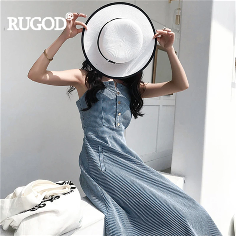 

RUGOD Women denim dress striped spaghetti strap empire waist a-line slim jean plus size long dress summer fashion female vestido