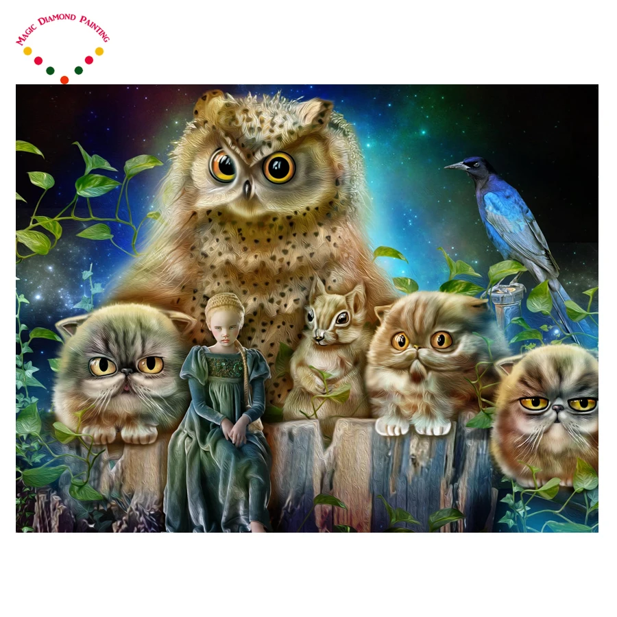 

2.8mm Diy Girls and birds diamond painting Cat and owl cross stitch craft plastic canvas kits diamond paintings Three kittens