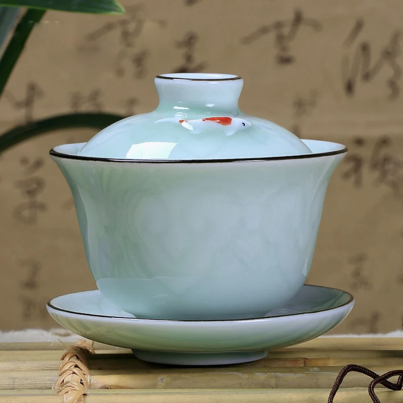 

China Celadon gai wan tea set ,kungfu Tea Sets Dehua goldfish Gaiwanl tea porcelain teacup tea set for travel easy kettle