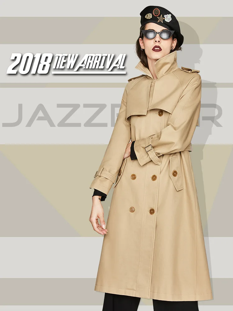 JAZZEVAR Новинка осенняя женская плащь модная повседневная женская плащ хаки пальто двубортная плиссированная длинная верхняя одежда для женщин высокого качества YA7006