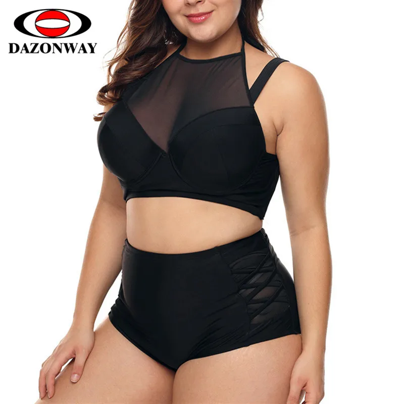

DAZONWAY Bikini Swimsuit Women's Two-piece High Waist Sexy Mesh Stitching Split Swimwear Plus Size Underwire With Chest Pad XXXL