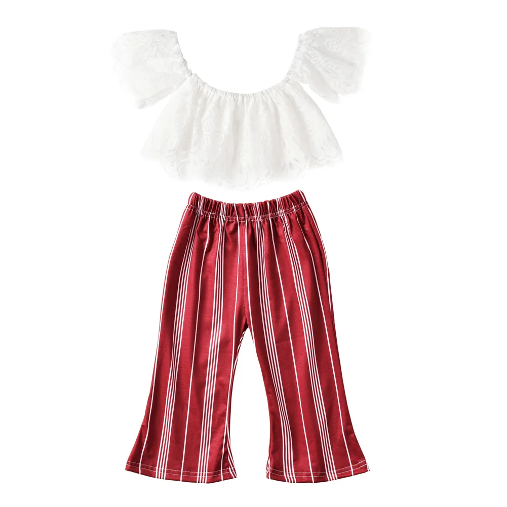 

Hot Toddler Baby Kids Girl Lace off Shoulder Tops Stripe Loose Pants Outfits Set Clothes 1-5T