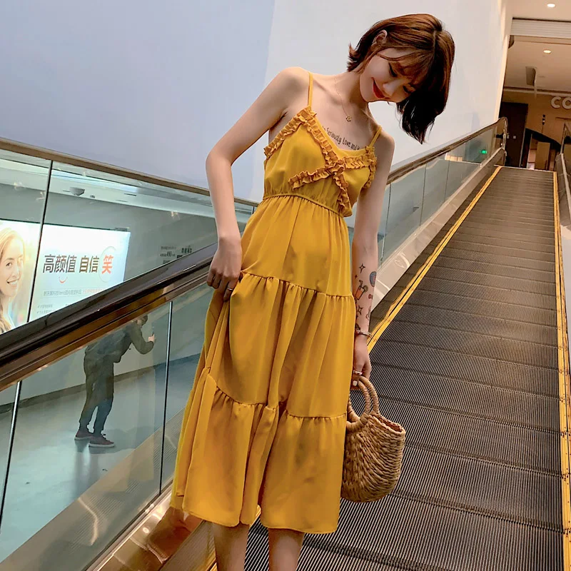 Women Summer Ginger Long Beach Dress Cute Elegant Vacation Lady Slim Yellow Sundress Female Vintage Cocktail Runway Korean Dress