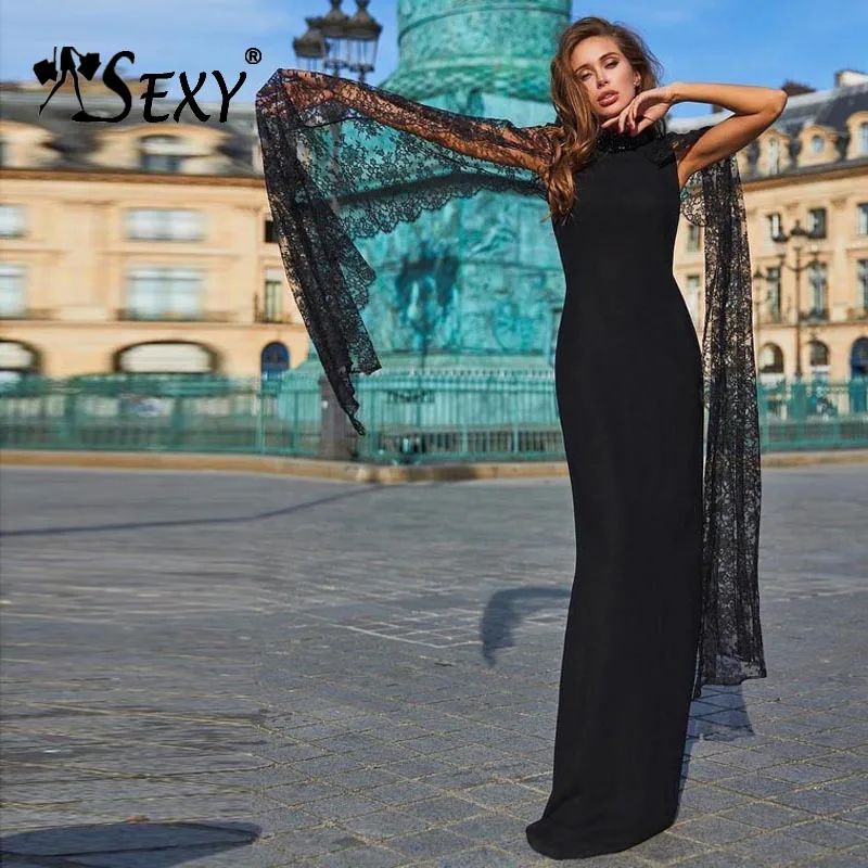 

Gosexy 2019 New Women Sexy Black Bandage Dress Sheath Long Lace Cloak Sleeve Stand Neck Floor-Length Dress Lady Fashion Dress