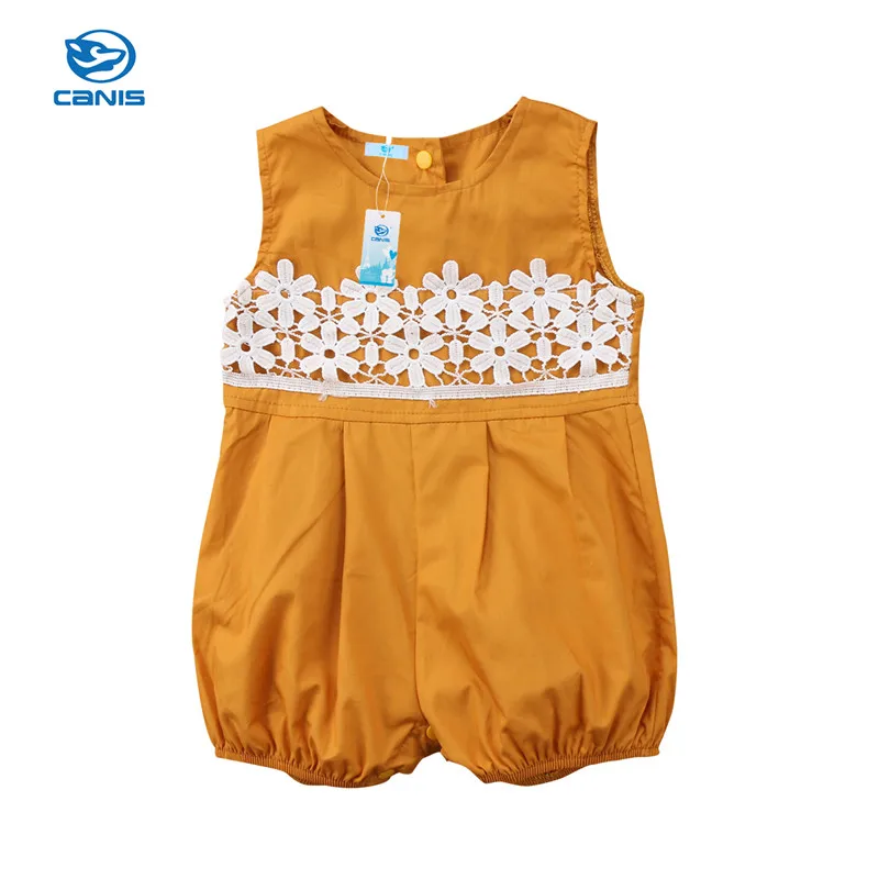 Lovely Newborn Baby Girl Yellow Rompers 2018 Summer Sleeveless Lace