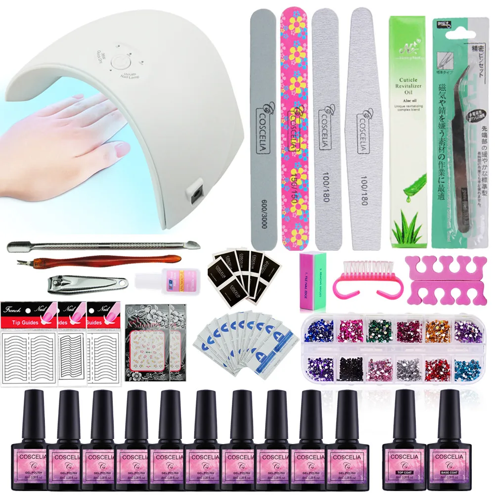 

Nail Art DIY Full Set Soak Off Gel Polish Manicure Kits 36W Curing Lamp Kit Any 10 Colors Nails Polish Set Nail Tools COSCELIA
