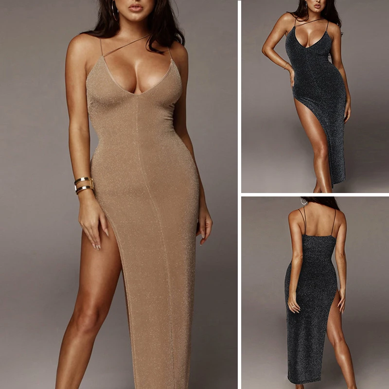 Clea!   rance 2019 Sexy Sleeveless Glitter Sequined Bodycon Long Dress Spaghett!   i Strap Club Party Dress Solid High Slit Wrap Maxi Women Dress 3