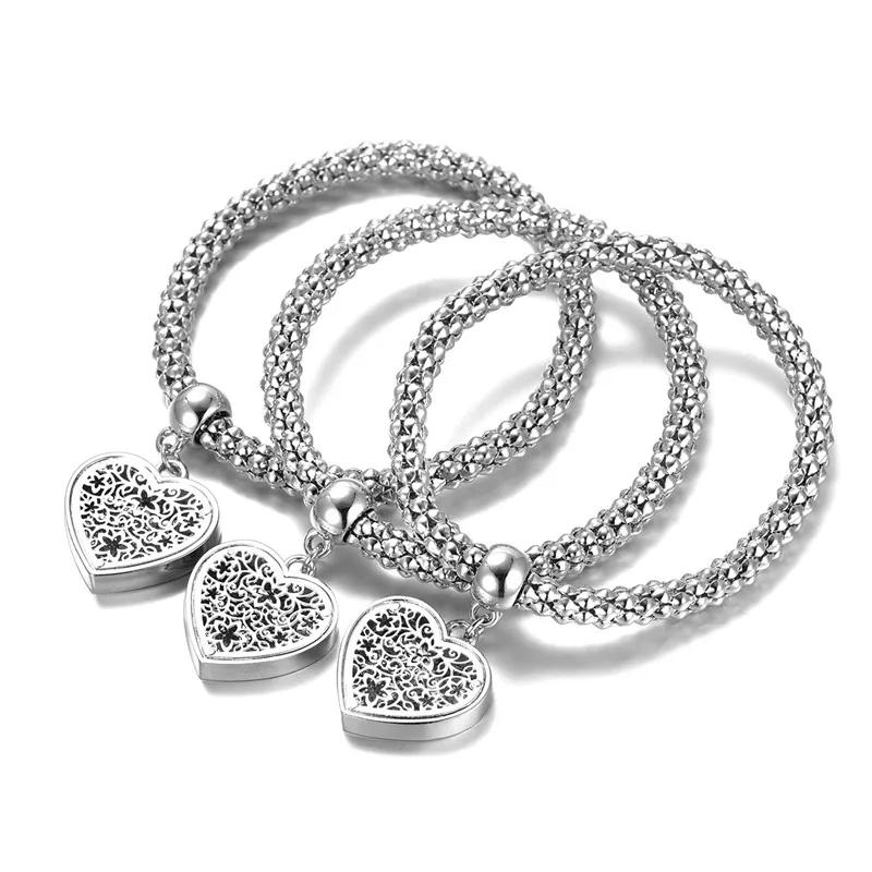 3Pcs Gold Hollow Flower Heart Charms Bracelets Inside Rhinestone Elastic Popcorn Chain Fashion Bracelet For Women Jewelry Gifts