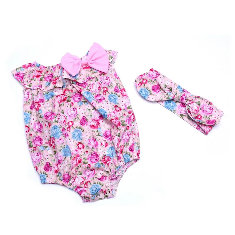 

Flower Baby Rompers Summer 2016 New Cotton Baby Girl Romper with Bow+Girls Headbands Baby Girls Clothes Ruffled Kids Jumpsuit