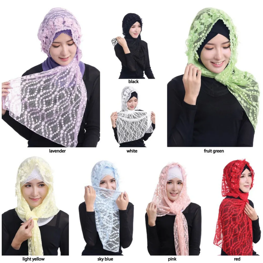 

1 pc lace hijab scarf with flowers pearls hijabs shawls Ladies muslim fashion wraps dots bubbles lace veils long scarves/scarf