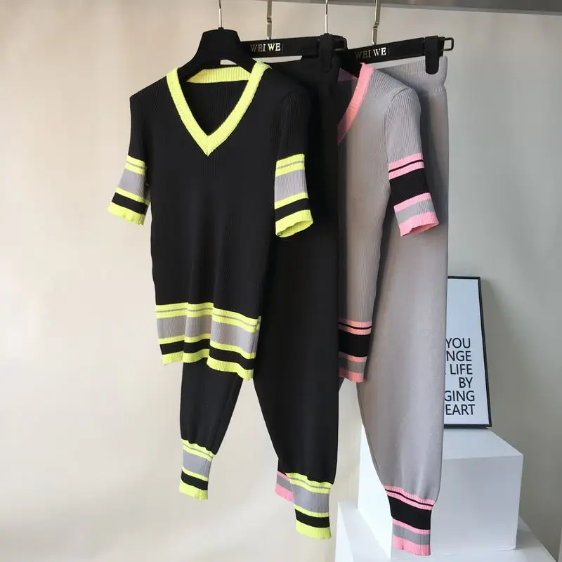 

Women Summer Knit Sets:Striped Pullover Sweaters Tops+Elastic Lace-up Knitted Pants Loose V-Neck Short Sleeve Female 2PCS Sets