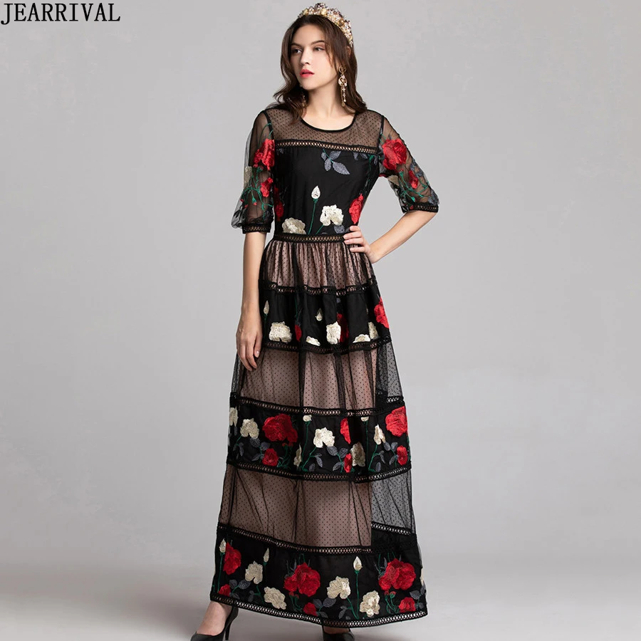 Luxury Flower Embroidery Maxi Dress 2019 New Spring Designer Runway ...