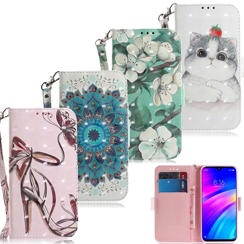 3D Flower Leather Wallet Phone Bag For Xiaomi Mi 9T A2 6X F1 Redmi 6A 7A K20 5 Plus S2 Go Note 6 7 Pro Case Flip Cartoon Cover | Мобильные