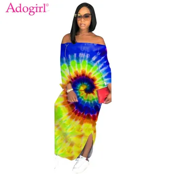 

Adogirl Floral Tie Dye Print Casual Maxi Dress Plus Size S-3XL 2019 Fall Women Off Shoulder Long Sleeve Side Slit Long Dresses