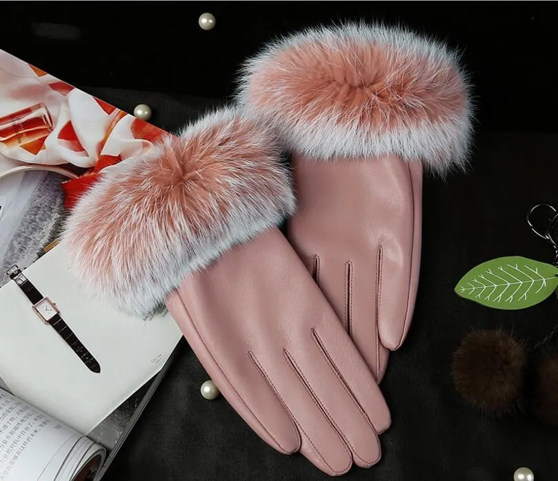 G037 Pink CUHAKCI варежки из искусственной кожи женские перчатки водонепроницаемые из искусственного кроличьего меха толстые теплые зимние перчатки черные Полные Пальцы рождественские подарки - Цвет: G037 Pink