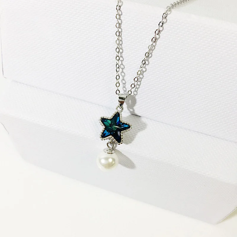 

Blue Cubic Zircon Star Imitation Pearl Ball Pendant Necklace 925 silver for Women fashion jewelry collar gifts