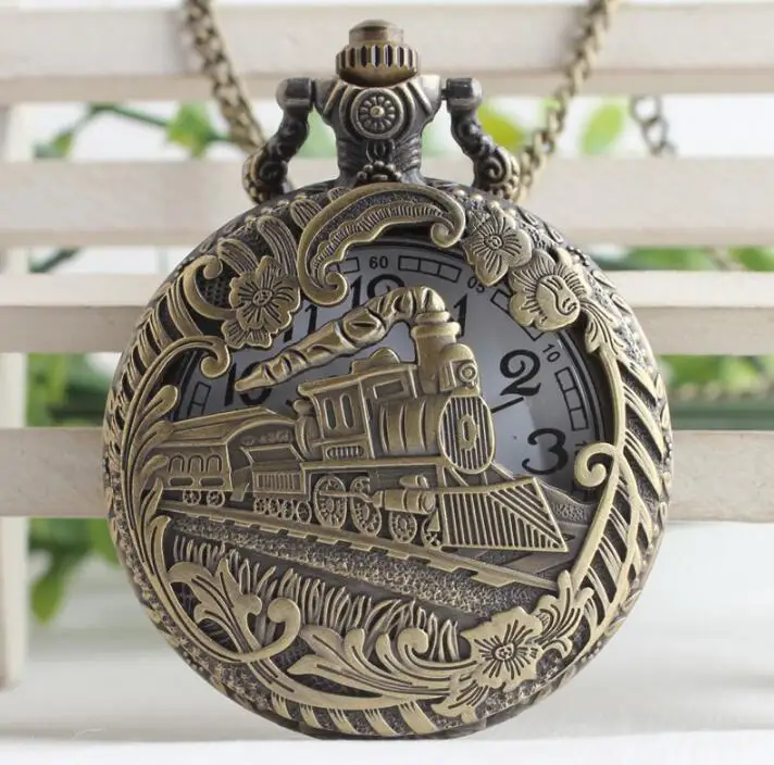 

Vintage Bronze Hollow Train Locomotive Steampunk Quartz Pocket Watch Women Men Necklace Pendant with Chain Birthday Gift Watch