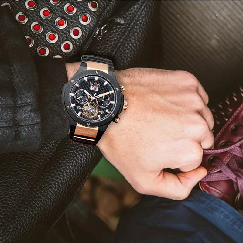 NESUN Креативная одежда для мужчин Tourbillon автоматические механические наручные часы сапфировые водонепроницаемые Модные Часы Relogio Masculino