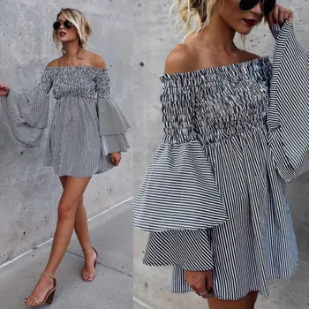 

2018 New Women Ladies Clothing Dresses Summer Off Shoulder Sleeve Ruffles Striped Casual Party Mini Dress Women