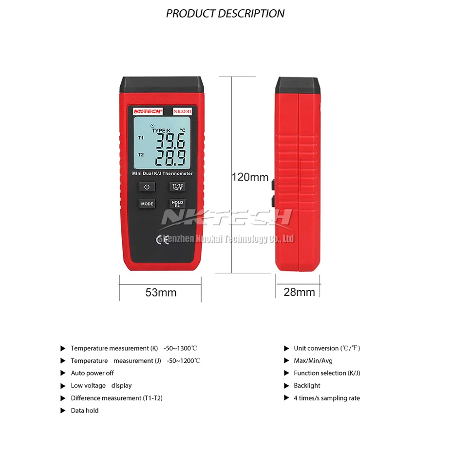 NKTECH NK320D цифровой термометр термопара двухканальный T1/T2 температура(K)-50~ 1300(J)-50~ 1200 Макс/мин/Avg тестер