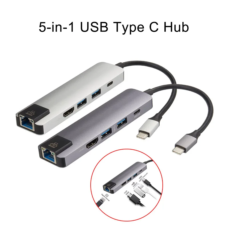 Nuevo 5 en 1 USB tipo C Hub USB3.0 HDMI Ethernet RJ45 PD Multiports adaptador para MacBook - 1