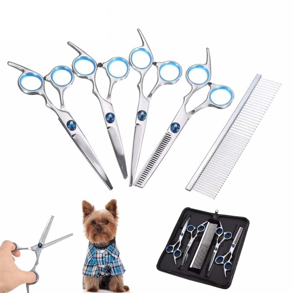 Professional font b Pet b font Grooming Scissors Set Straight Thinning Curved Scissors Cutting 5pcs Set