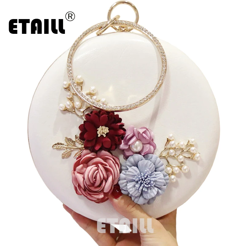

ETAILL Circular Flower Women PU Party Bag Ladies Flower Wedding Chain Shoulder Bag High Quality Handmade Female Evening Clutches