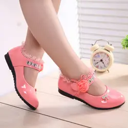 Горячая весна со стразами Большая обувь для девочек с розовым цветком принцессы Slip-on детская обувь на плоской подошве для обувь для девочек