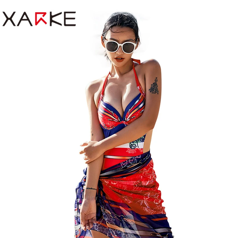 

XARKE Sexy bikini backless one-piece suit print sport monokini summer beach swimsuit women 2018 red green biquini with blouse