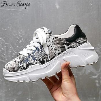 

Buono Scarpe Snake Veins Sneakers Women Genuine Cow Leather Fashion Dad Shoes Woman Platform Lace Up Espadrilles Ladies Shoes