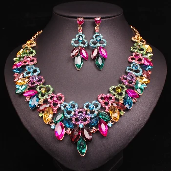 

Luxury Crystal Bridal Jewelry Sets Women's Leaves Flowers Earrings and Necklace Set Indian Gold Color jewellery Gifts for Women