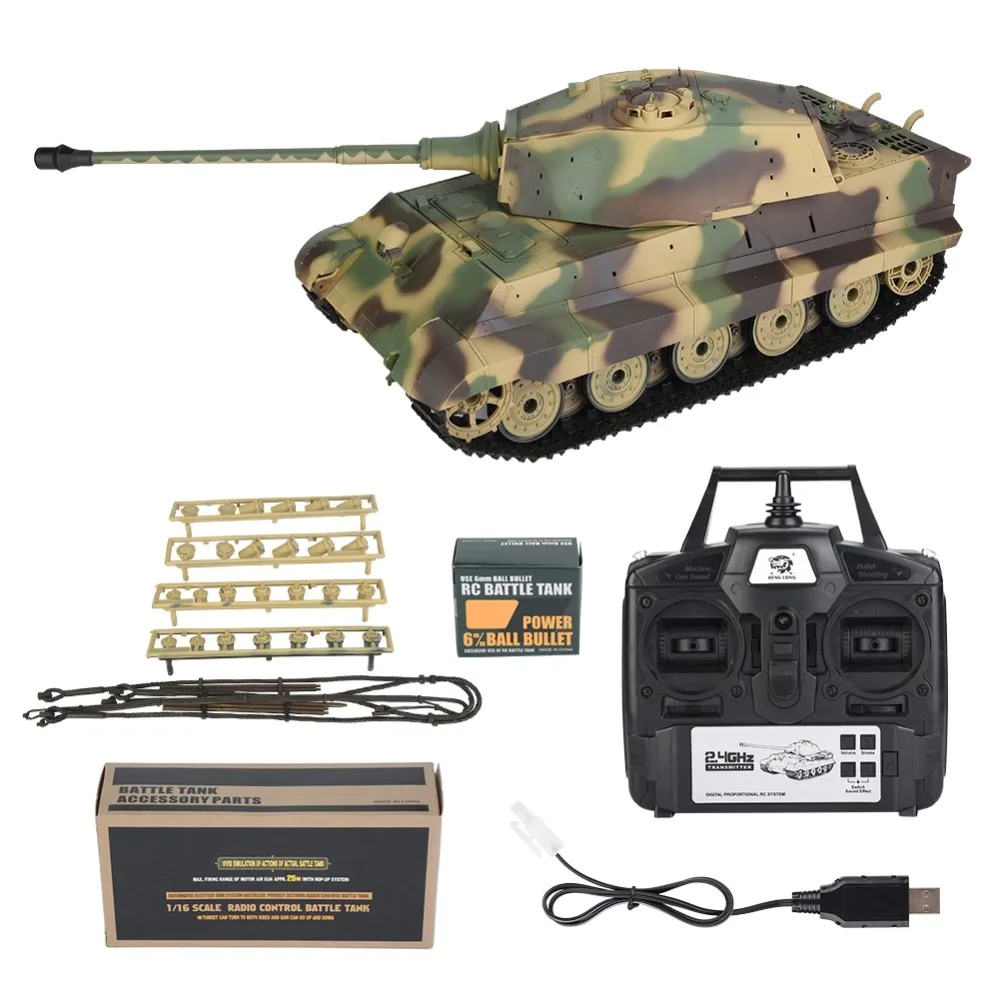 

Heng Long 3888A-1 2.4GHz 4 Channel 1/16 RC Tank Scale German King Tiger Henschel RC Model Tank Large capacity battery USB Cable