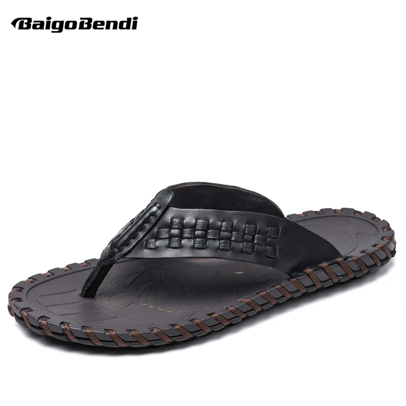 

New Arrival Woven Leather Men Flip-Flops T-Strap Leisure Sandals Man Outdoor Summer Shoes Beach Slippers