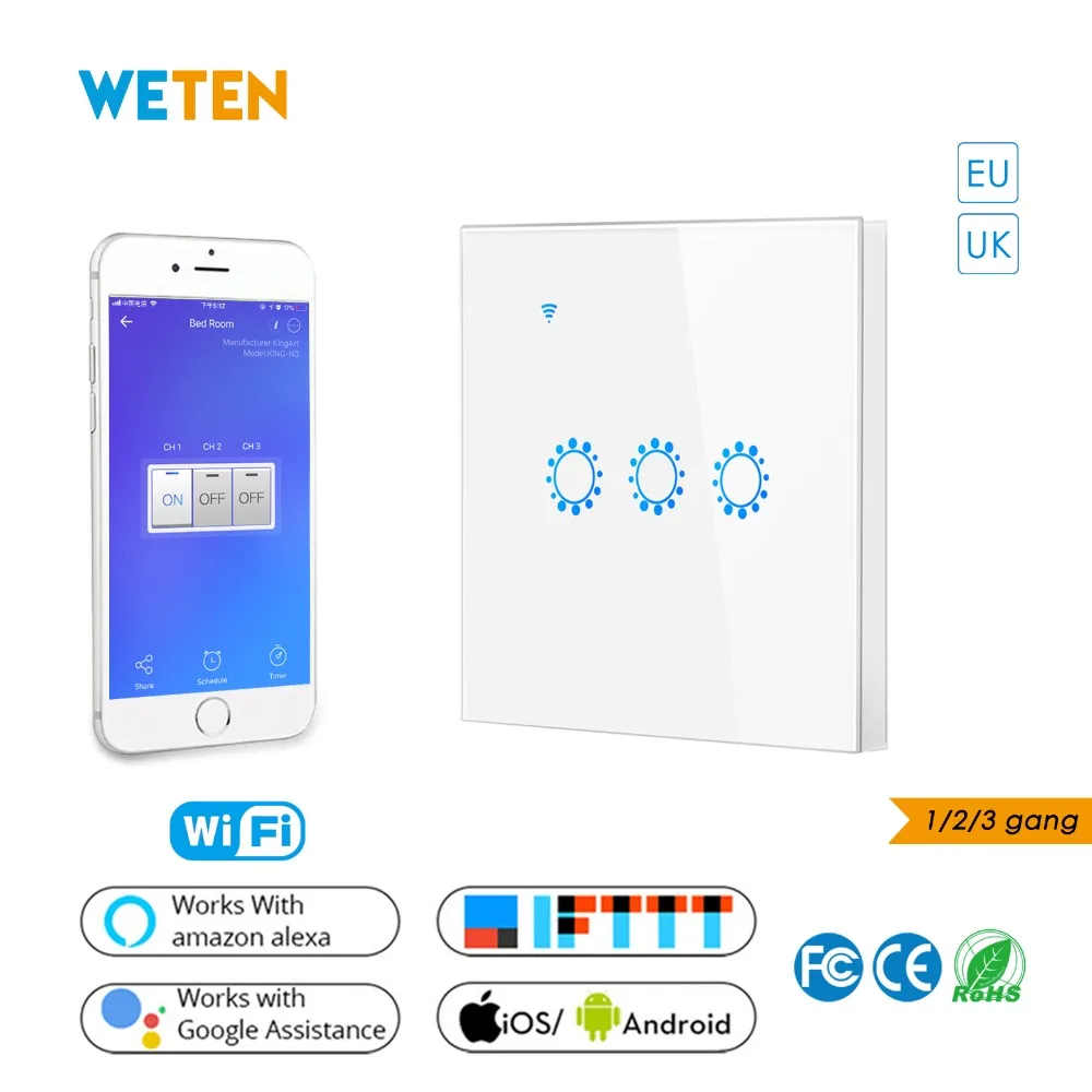 

Wifi Smart Wall Touch Switch Glass Panel Ewelink APP Control Support Alexa Google Home EU UK White 1 2 3 Gang Timming Switch