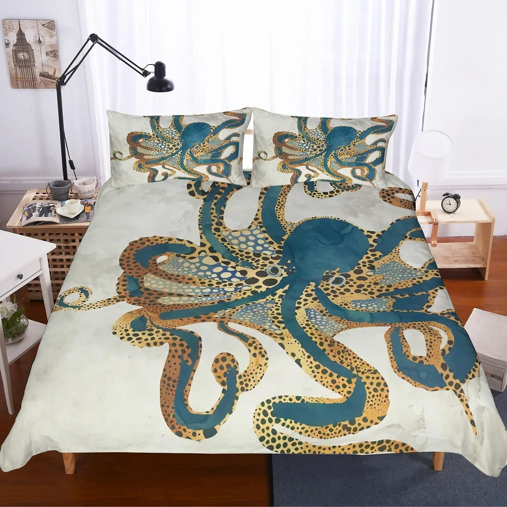 

3D Print Leopard/Blue Octopus Light Gray Boy/Kids/Girl Cartoon Octopus Microfiber Bedding Duvet Cover Set 3PCS With 2 Pillowcase
