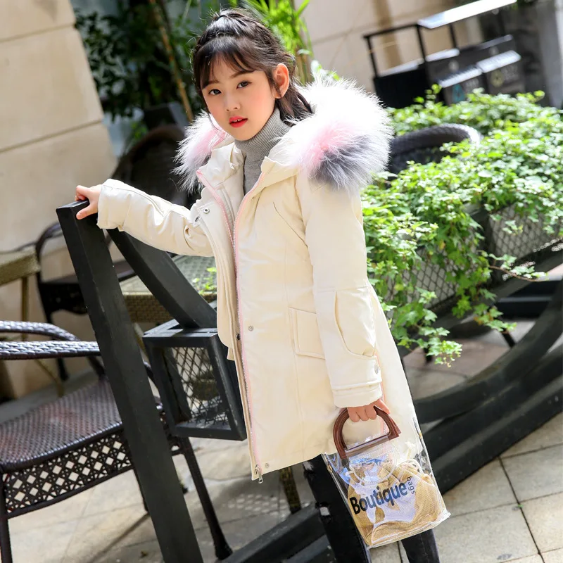 

Warm Winter New Fashion Edition Long Style Thicker Jacket Girls Teenage Clothes With Fur Hats Colour Pink Size 120 -140 150 160