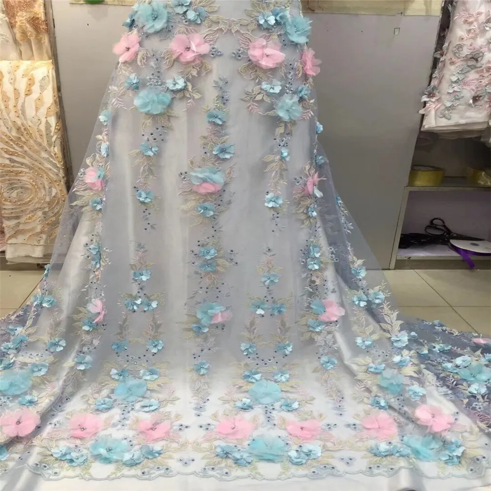 

Fashionable designs High Quality African French Lace Fabric 3D African Tulle Lace Fabric with beads and stone For Wedding F168-1