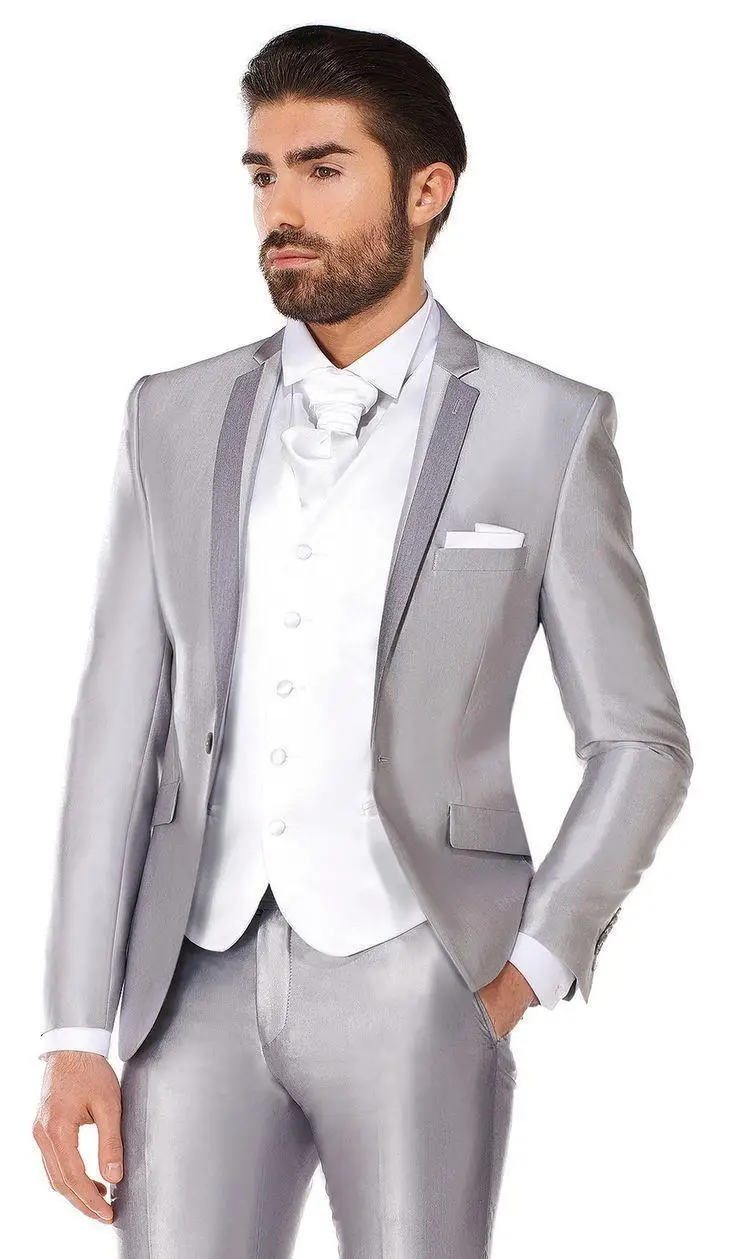 Silver Jacket Men Suits 3Pieces Fashion Tuxedos Custome Homme Terno