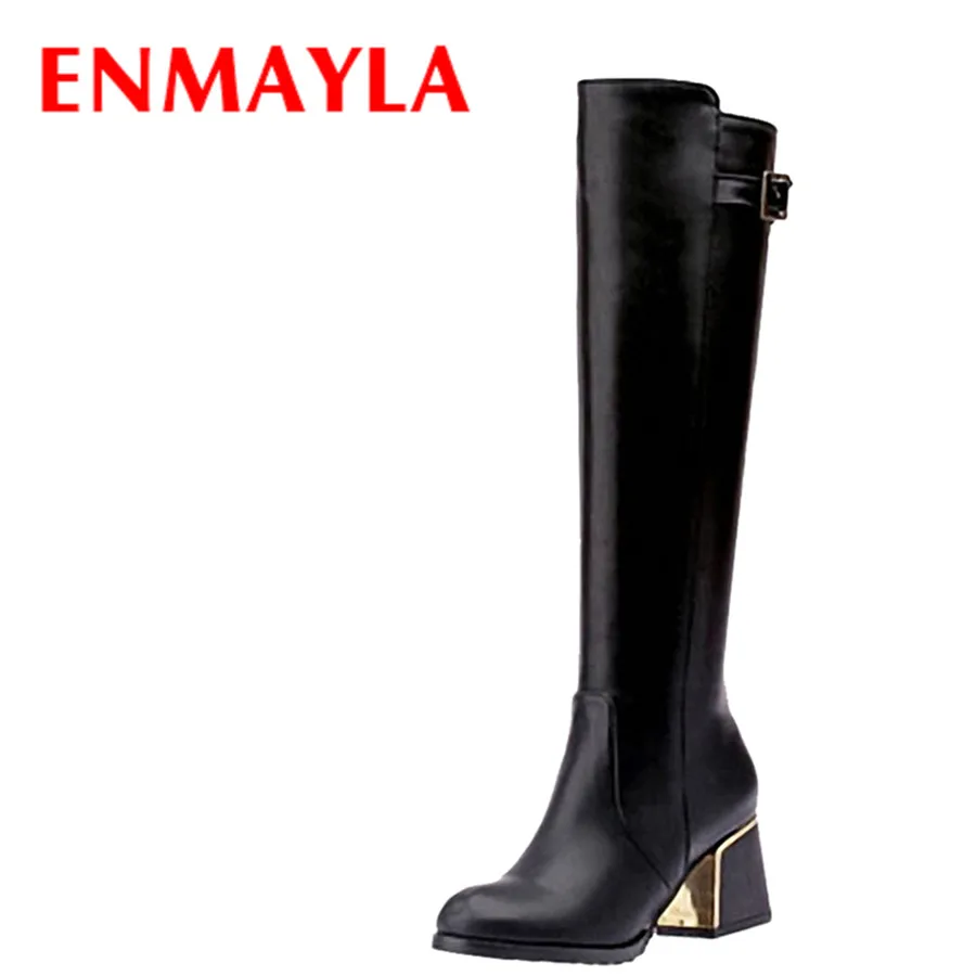 Enmayla осенние зима не сужающийся к низу каблук Сапоги выше колена на застежке Для женщин туфли на высоком тонком каблуке, с пряжкой, женская обувь мотоботы Черная; большого размера 34-47