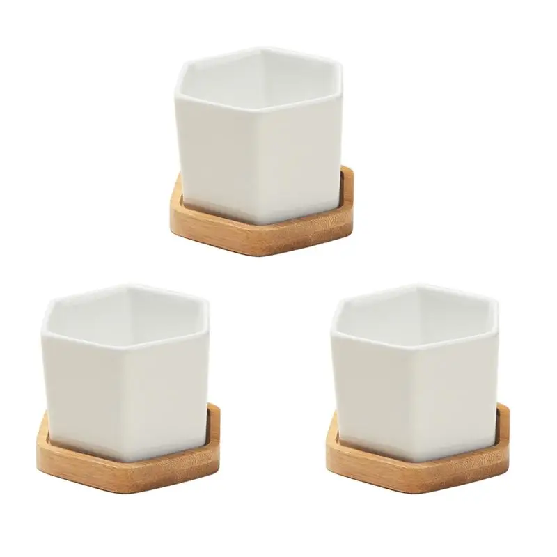 

NEW 3 Sets of Small White Ceramic Hexagonal Succulent Containers Plant Pot Cactus Planter Pot with Bamboo Tray