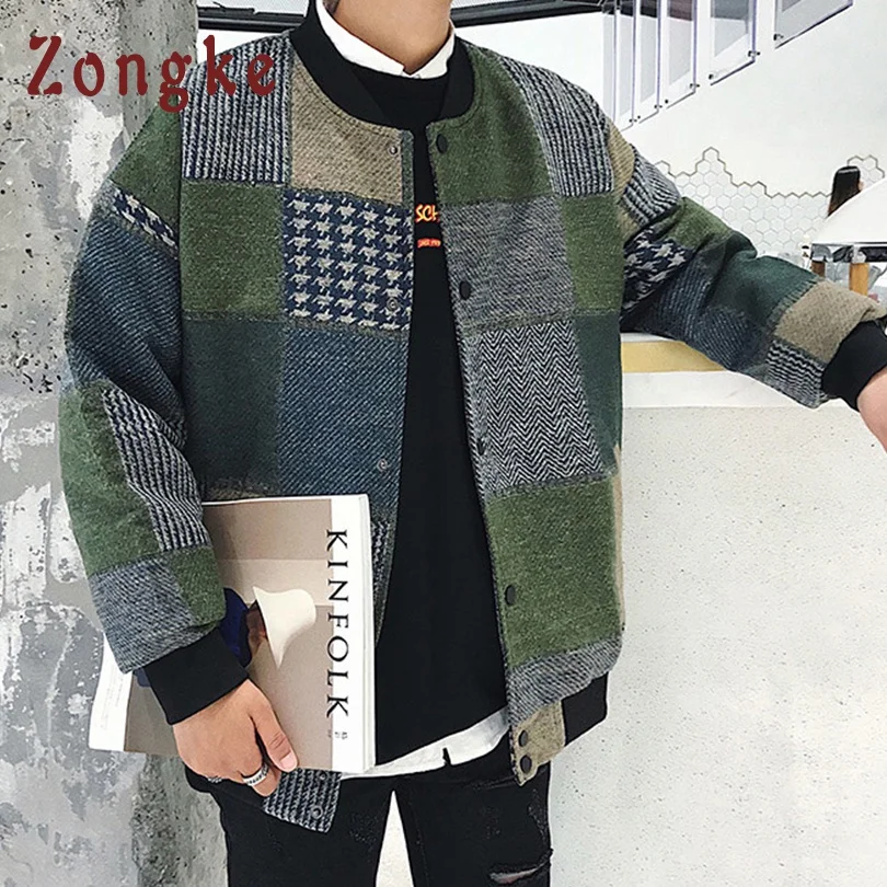 Zongke, шерстяная клетчатая куртка-бомбер, Мужская модная уличная куртка в стиле хип-хоп, зимняя мужская куртка, Мужская куртка, пальто, 5XL, весна, новинка