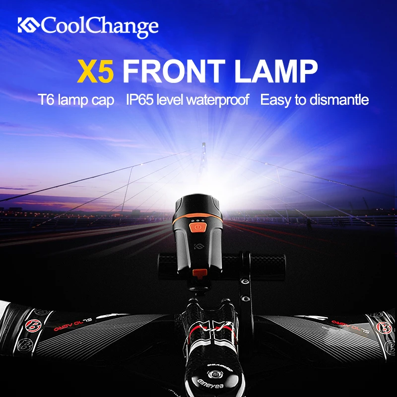Flash Deal CoolChange Waterproof Bike Light USB Rechargeable Cycling Light T6 LED Warning Flashlight Battery 1200mAh 6 Modes Bicycle Light 4