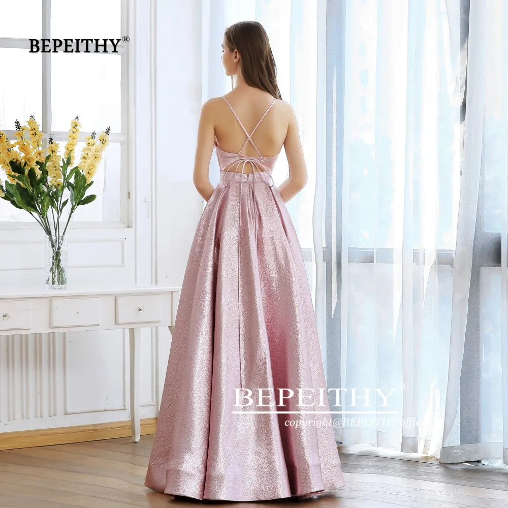 BEPEITHY, розовое блестящее длинное вечернее платье, вечерние, элегантные, сексуальные, с перекрещивающейся спиной, а-силуэт, блестящие платья для выпускного вечера, vestido de festa, новинка