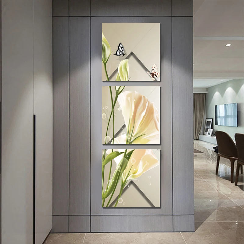 

Butterfly flower vertical square canvas painting pastoral art prints 3 psc countryside wall pictures for aisle corridor bedroom
