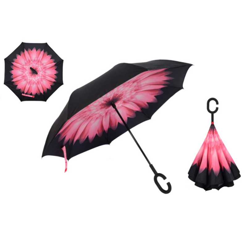 Зонт с обратным ходом, неавтоматический зонтик для модных дождевиков, женский зонт с защитой от ультрафиолета, ветрозащитные непромокаемые зонты с длинной ручкой - Цвет: Pink Daisy