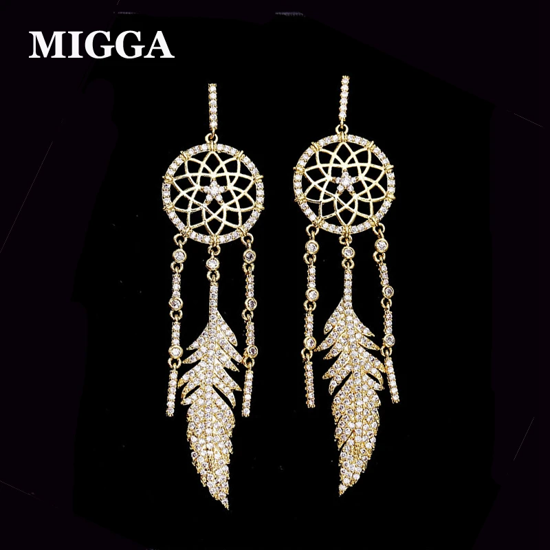 

MIGGA Luxury Cubic Zirconia Feather Charm Dreamcatcher Dangle Earrings Gold Color Women Ladies Jewelries