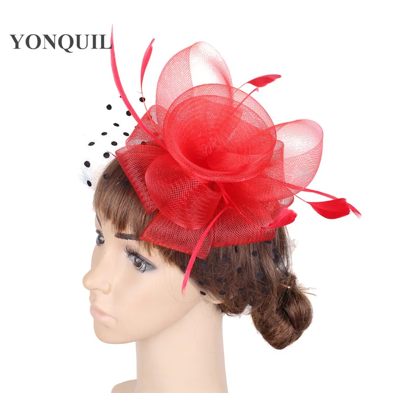 Новые цвета нейлоновые шляпки с цветами чайные шапки женские элегантные перьевые аксессуары для волос волосы combrs вечерние головные уборы fedora MYQ039 - Цвет: Красный